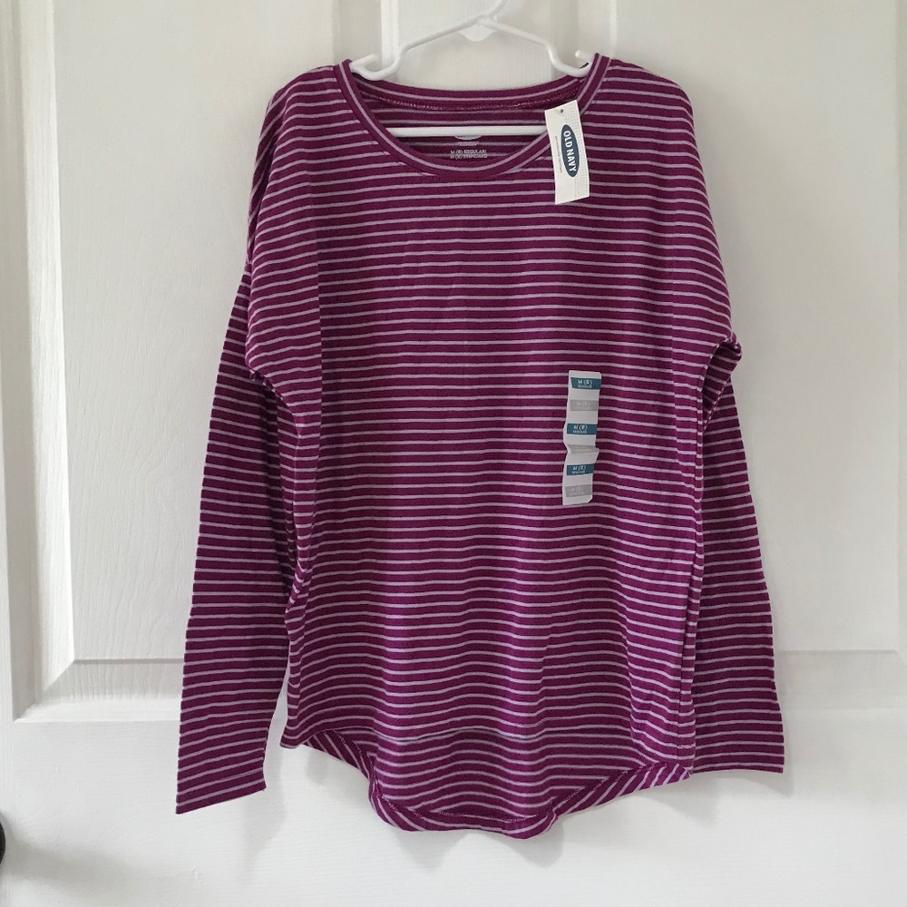 NWT Girls 8 M Old Navy long sleeve Tee purple crewneck light gray purple stripes